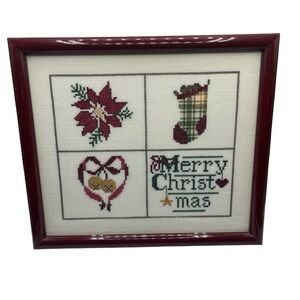 Vtg Cross Stitch "Merry Christmas" Stocking Bells Mistletoe Framed 9” X 10”